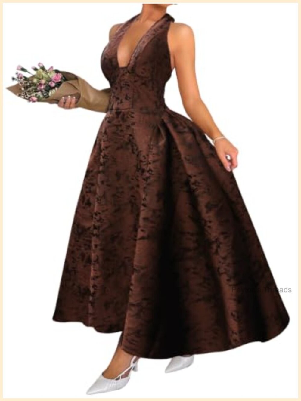 Jacquard Maxi Dress V Neck Halter A Line Corset Backless Semi Formal Wedding